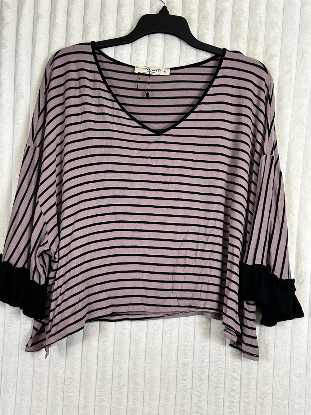 Three Bird Nest Striped V-Neck Ruffle Sleeve oversized Top XL